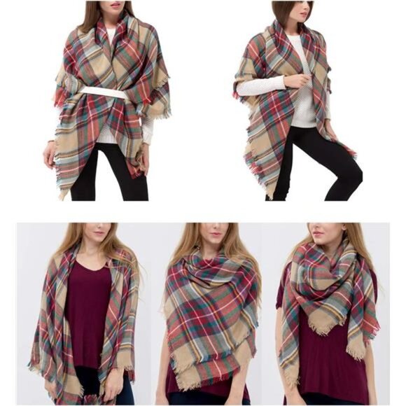 Plaid Print Oversized Blanket Scarf Tartan Checked Shawl Wrap Pashmina Red - Picture 3 of 5